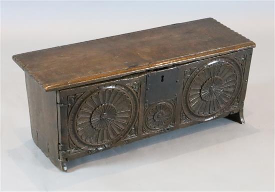 A small late 16th century carved oak six plank coffer, W. 2ft 6.5in. D.11in. H.1ft 5in.